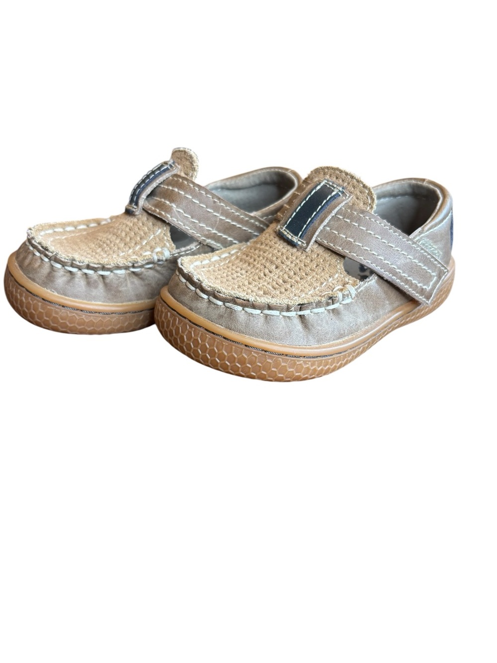 Livie and Luca Toddler Boys Shoes Size 5 Leather Hook and Loop Tan Navy Neutral